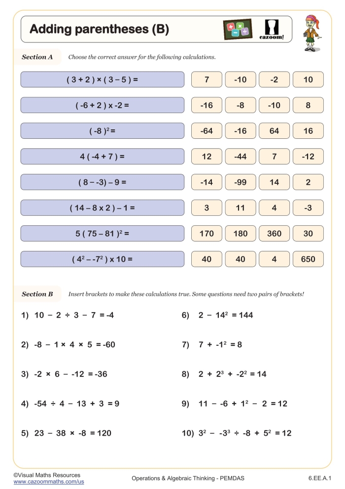 Worksheet for evaluating expressions with exponents using the order of operations for sixth graders. Evaluating Expressions: Order of Operations With Exponents Worksheet for Grade 6.