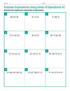 Worksheet for evaluating expressions using order of operations and exponents for sixth graders