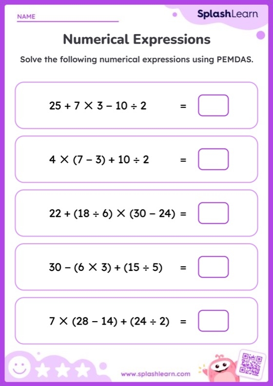Sixth grade math worksheet for practicing order of operations with numerical exponents