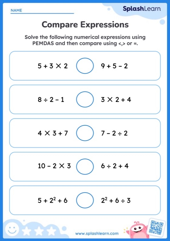 Worksheet for practicing order of operations with exponents for sixth-grade students