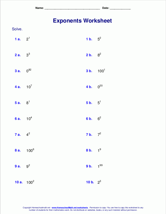 Sixth grade math worksheet featuring a variety of problems for students practicing evaluating exponents
