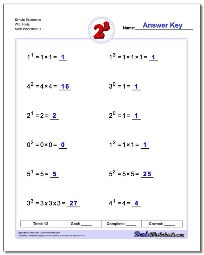 Sixth grade student working through exponent problems on a math practice sheet with pencil