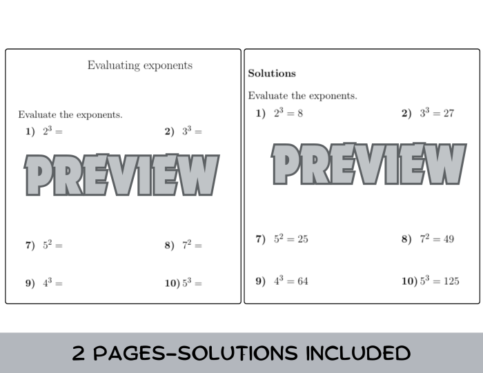 Sixth grade student solving exponent problems on a math practice worksheet with expressions and exponential notation