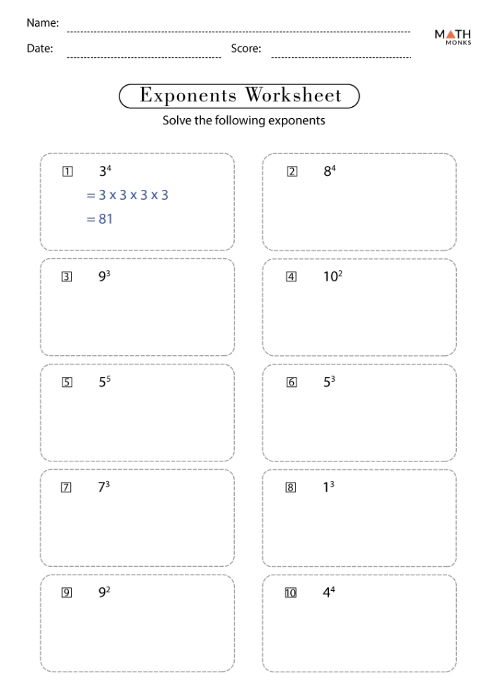 Sixth grade math worksheet explaining exponent vocabulary and practice problems