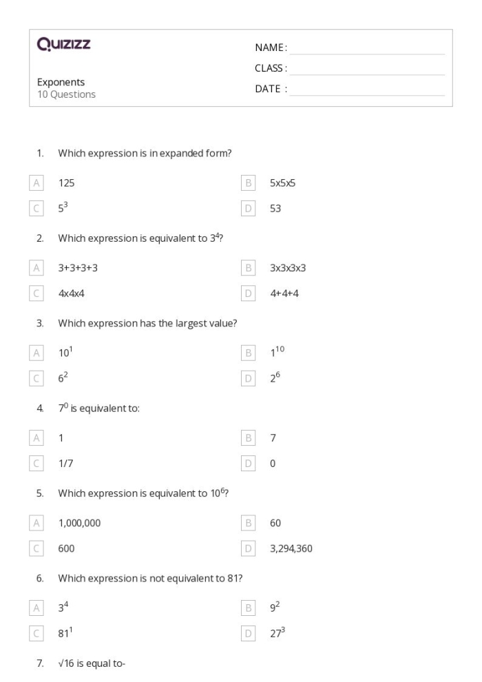 Worksheet on exponents and vocabulary for sixth-grade students