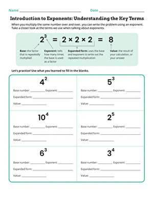 Sixth grade math worksheet explaining exponent terminology and key concepts