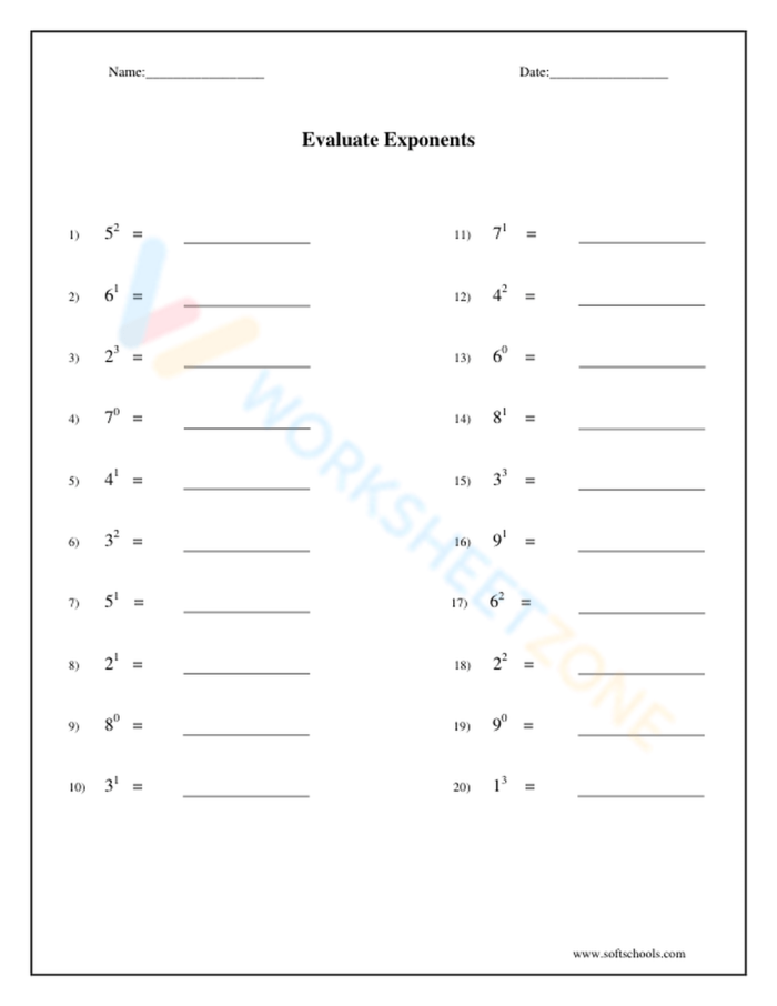 Sixth grade math worksheet showing key terminology and definitions for learning exponents