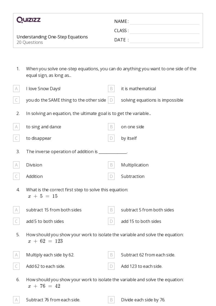 Expression vs Equation Practice Problems for Middle School Learners Sixth grade algebra worksheet showing examples of mathematical expressions and equations with labeled differences