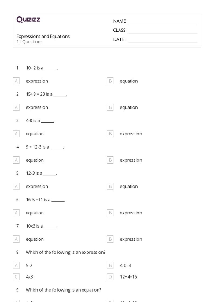 Expression and Equation Differentiation Practice for Grade 6 Algebra Sixth grade student solving expression versus equation problems on an algebra worksheet with numbered practice questions