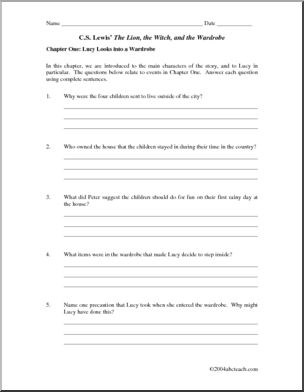 Sixth grade reading worksheet featuring figurative language analysis exercises based on The Lion the Witch and the Wardrobe