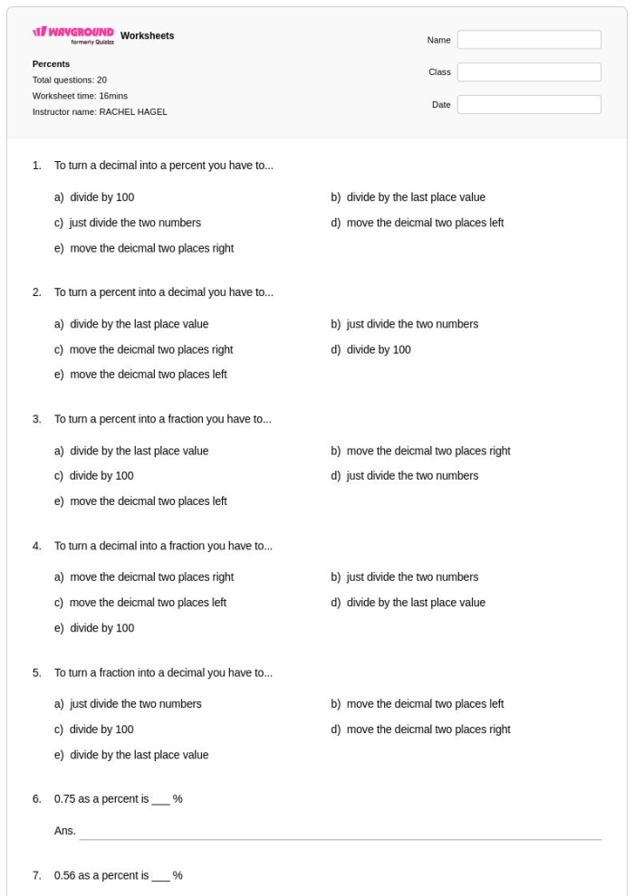Sixth grade math worksheet focused on calculating the whole value from a given percentage