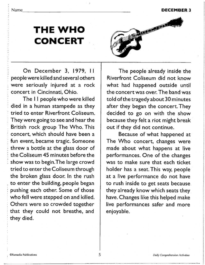 Sixth grade student worksheet showing a reading comprehension passage about a boy experiencing his first hang gliding flight with comprehension questions below the text