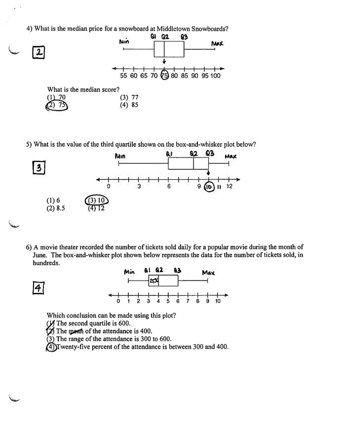 Box and whisker plot worksheet for sixth graders focusing on the five-number summary