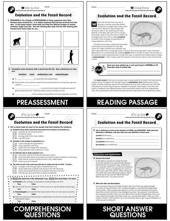 Sixth grade students examining diagrams and data on the Analyzing the Fossil Record worksheet