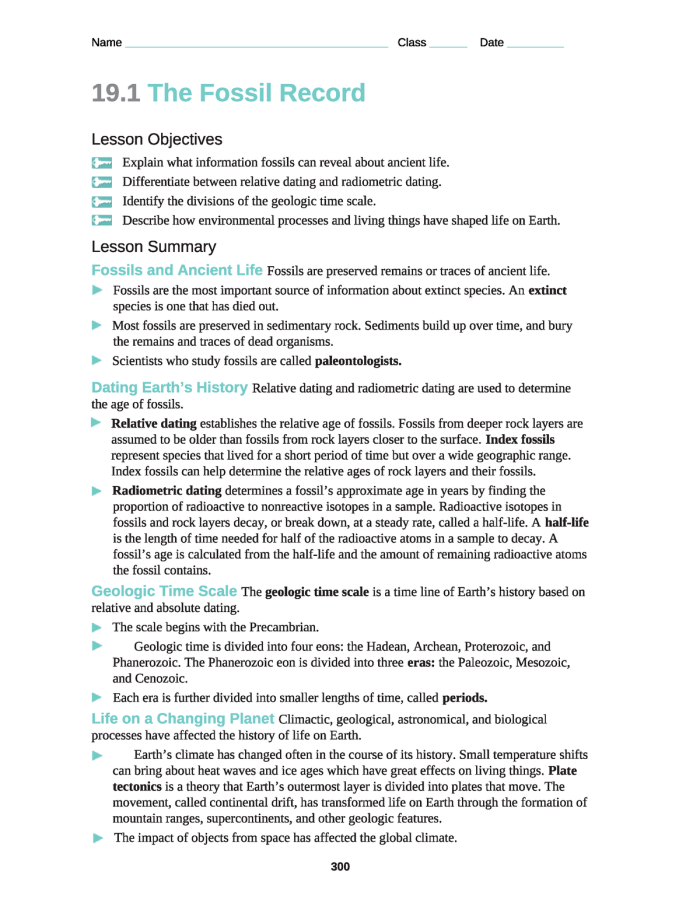 A sixth-grade student studying fossils on an engaging worksheet about the fossil record