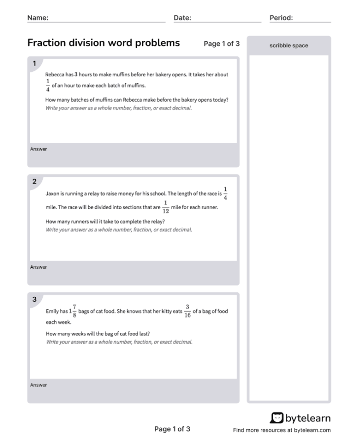 Worksheet featuring word problems on dividing fractions for sixth-grade students