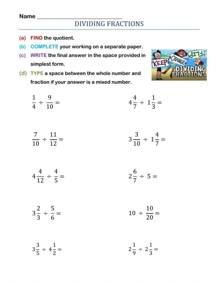 Sixth grade math worksheet featuring rhyming problems for dividing fractions by fractions