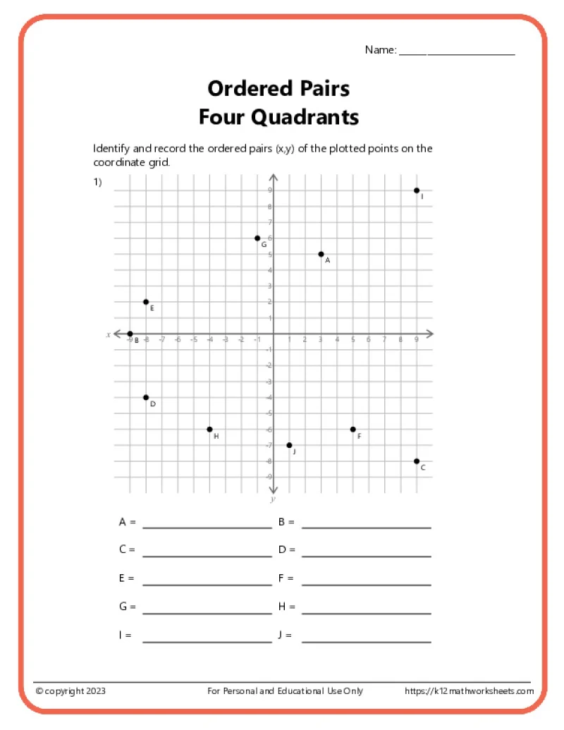 Sixth grade coordinate plane and quadrants worksheet featuring fraction based plotting exercises