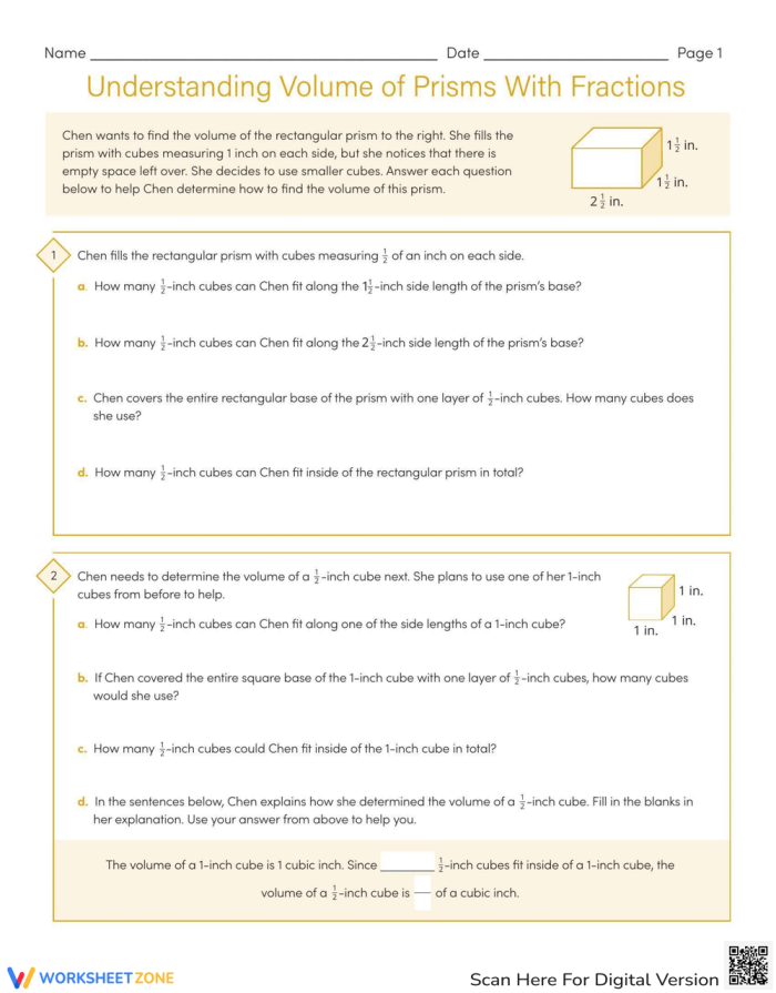 Finding the Volume of Rectangular Prisms With Fraction Side Lengths Practice Problems A sixth-grade student solving volume problems for rectangular prisms using fractional measurements on a geometry worksheet