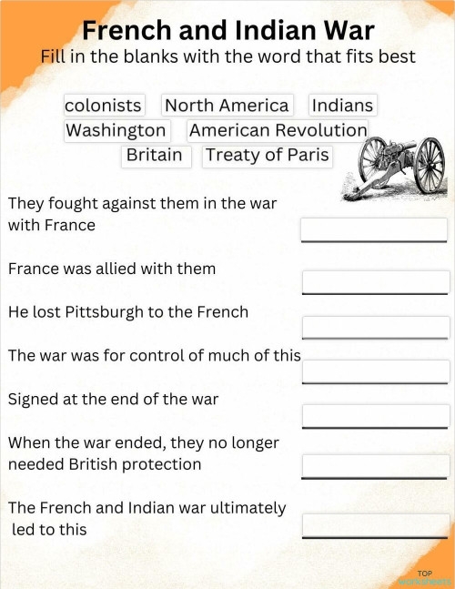 French and Indian War Causes and Outcomes Worksheet for Social Studies Worksheet illustrating the causes and outcomes of the French and Indian War for sixth graders
