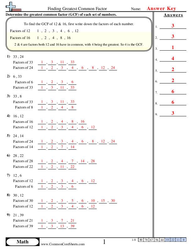 Worksheet illustrating factor rainbows for finding the greatest common factor of two numbers. Educational resource for sixth graders on GCF concepts.