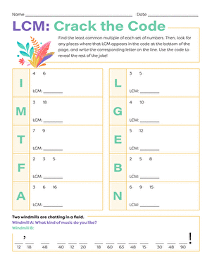 Sixth grade students solving GCF and LCM math problems on a code breaking practice sheet