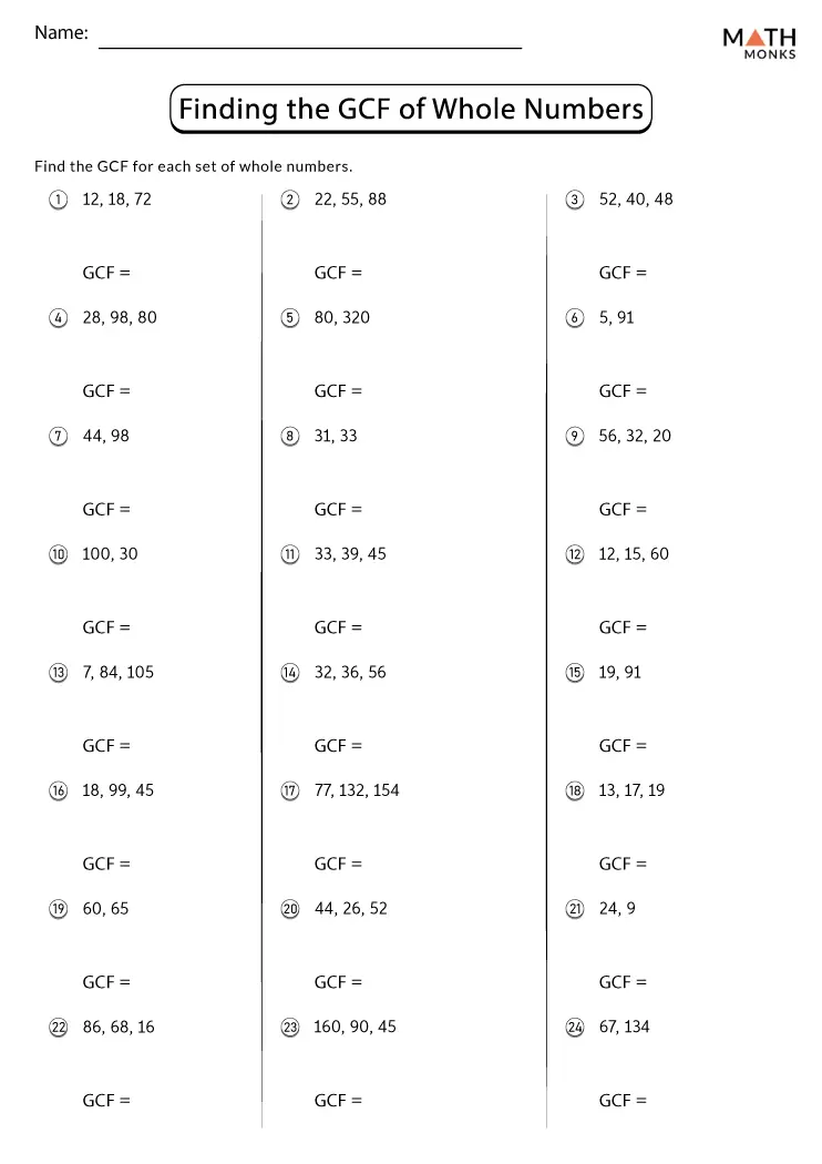 Fun math worksheet designed to help sixth graders master the concept of GCF Worksheet for practicing finding the greatest common factor of multiple numbers up to 100