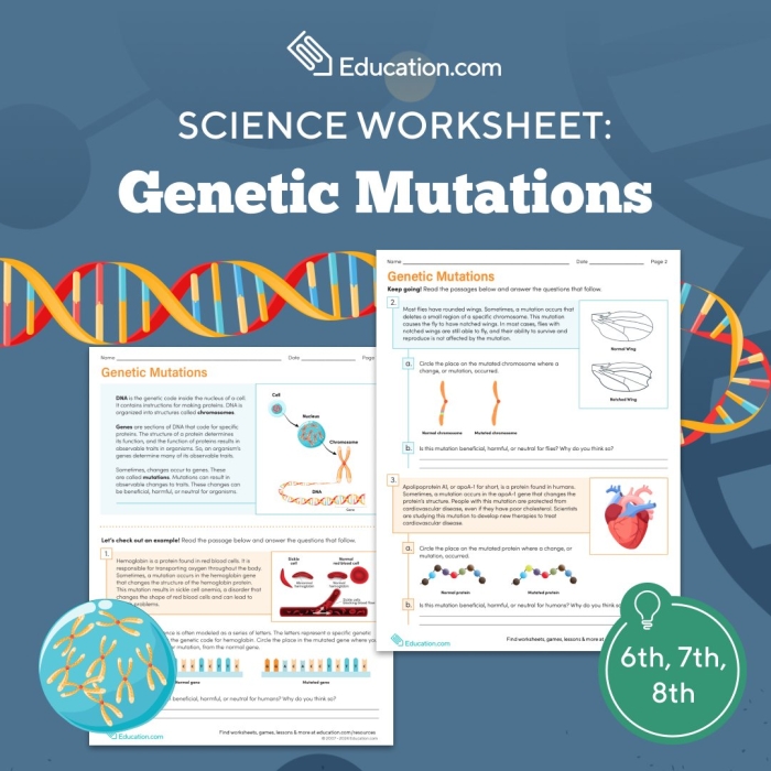 Illustration of a sixth-grade worksheet on genetic mutations for life science studies