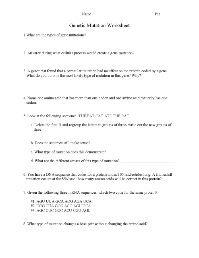 Sixth grade life science worksheet about how genetic mutations impact living organisms