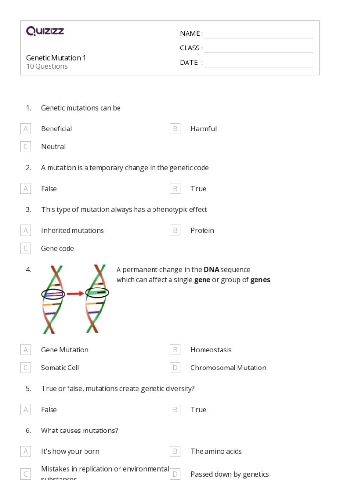 Sixth grade life science worksheet about genetic mutations with reading comprehension exercises
