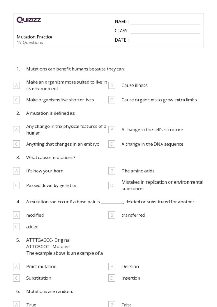 Illustration of a sixth-grade worksheet focused on genetic mutations and their impact on organisms