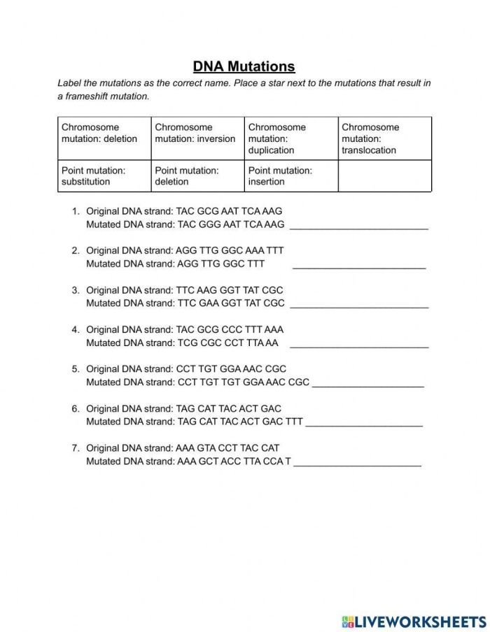 Sixth grade life science worksheet about how genetic mutations impact living organisms