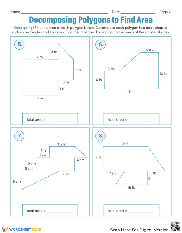 Sixth grade geometry worksheet featuring diagrams for calculating the area of compound shapes by decomposing polygons