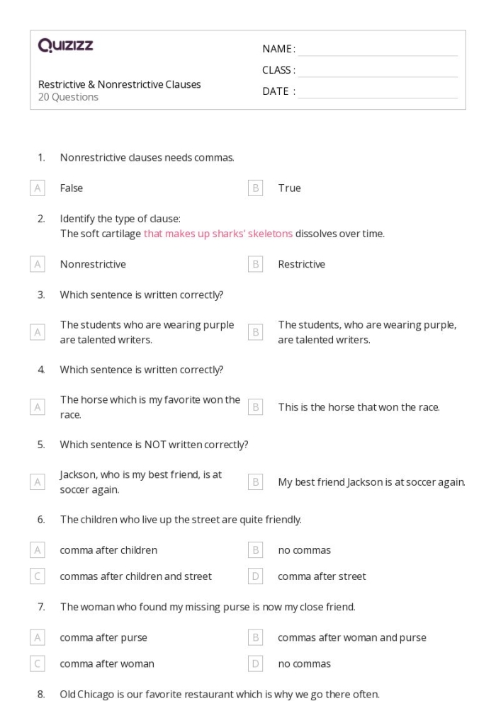 What Does the Punctuation Suggest? Worksheet Image 15 Worksheet for practicing restrictive and nonrestrictive elements in grammar for sixth graders