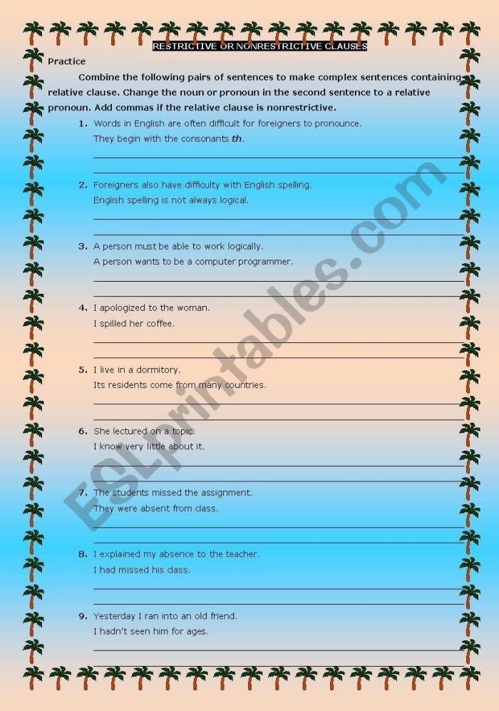 Identifying punctuation's role in sentence structure activity sheet Worksheet for practicing restrictive and nonrestrictive elements in grammar for sixth graders