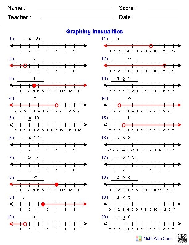 Graph inequalities practice worksheet featuring number lines for sixth graders