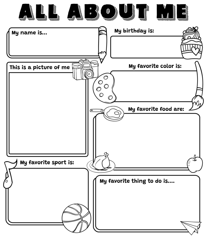 Sixth grade All About Me graphic organizer questionnaire for data and graphing