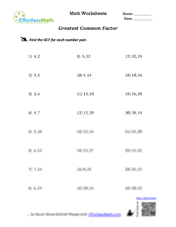 Master the GCF with this engaging sixth-grade math worksheet Worksheet for practicing the greatest common factor with numbers up to 100