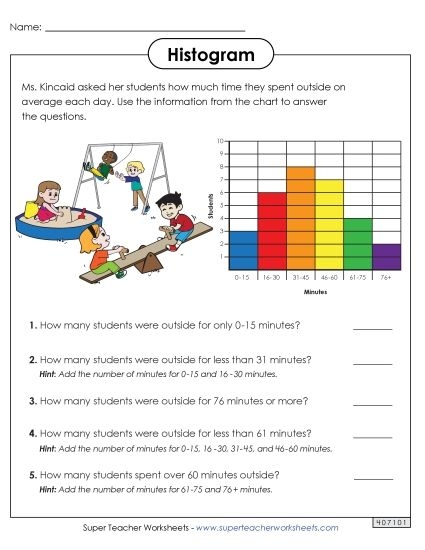 Sixth grade math student completing a frequency table and histogram data set worksheet