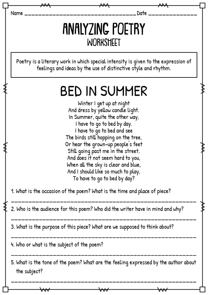 Sixth grade student worksheet featuring an analysis of the A.E. Housman poem When I Was One-and-Twenty