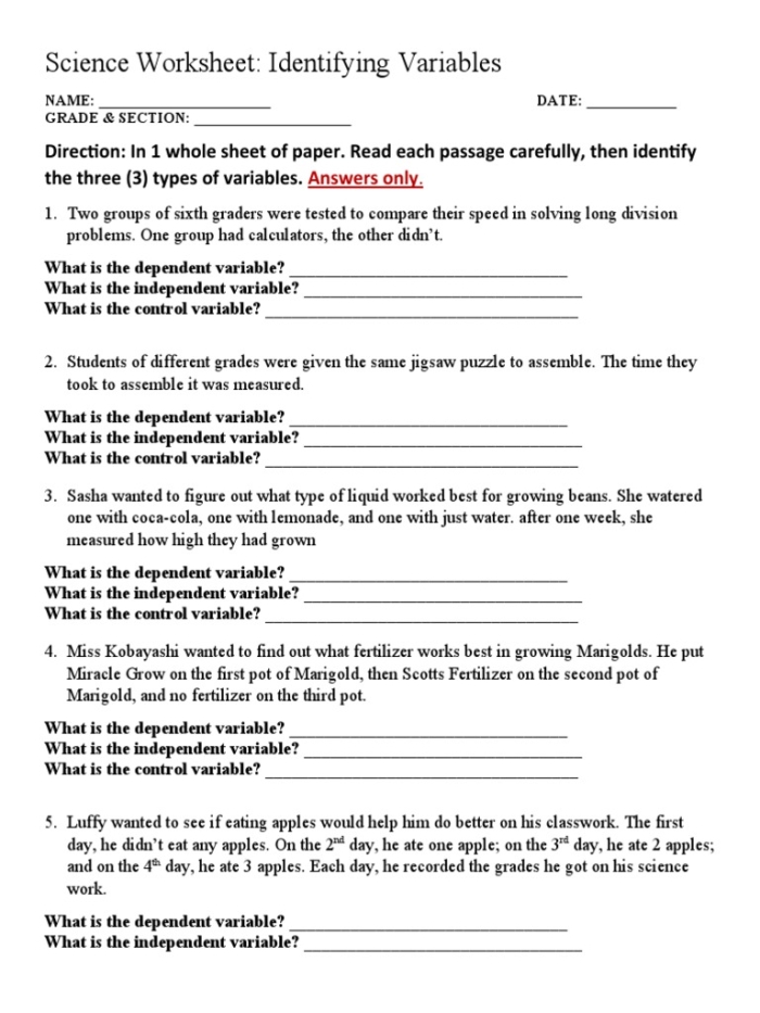 Worksheet featuring scenarios to identify independent and dependent variables for sixth graders