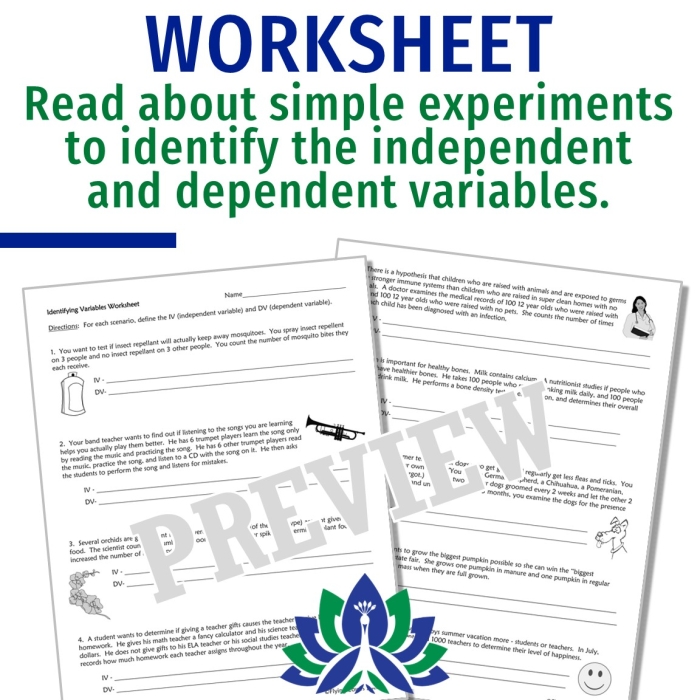 Worksheet for identifying independent and dependent variables in real-world scenarios for sixth graders