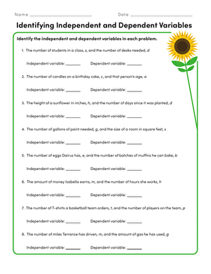 Sixth grade math worksheet for identifying independent and dependent variables in real-world scenarios