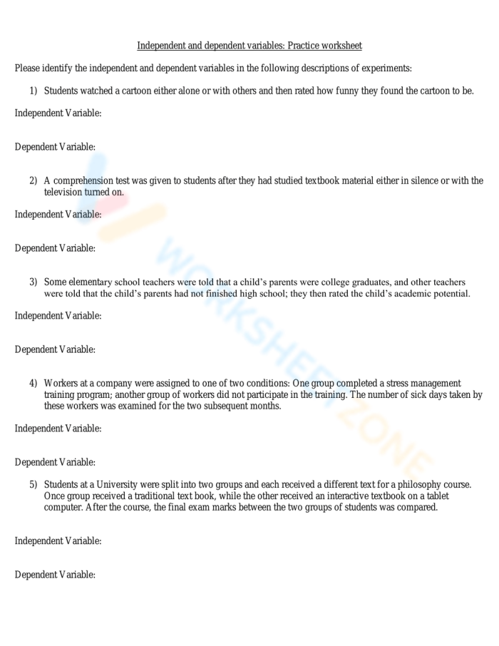 Sixth grade math worksheet for identifying independent and dependent variables in real-world scenarios
