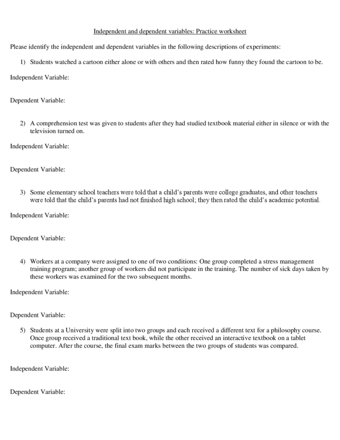 Sixth grade math worksheet for identifying independent and dependent variables in real-world scenarios