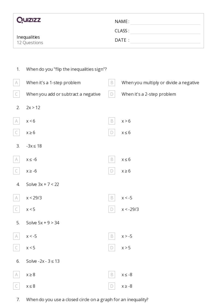 Worksheet for matching inequalities with word problems for sixth graders