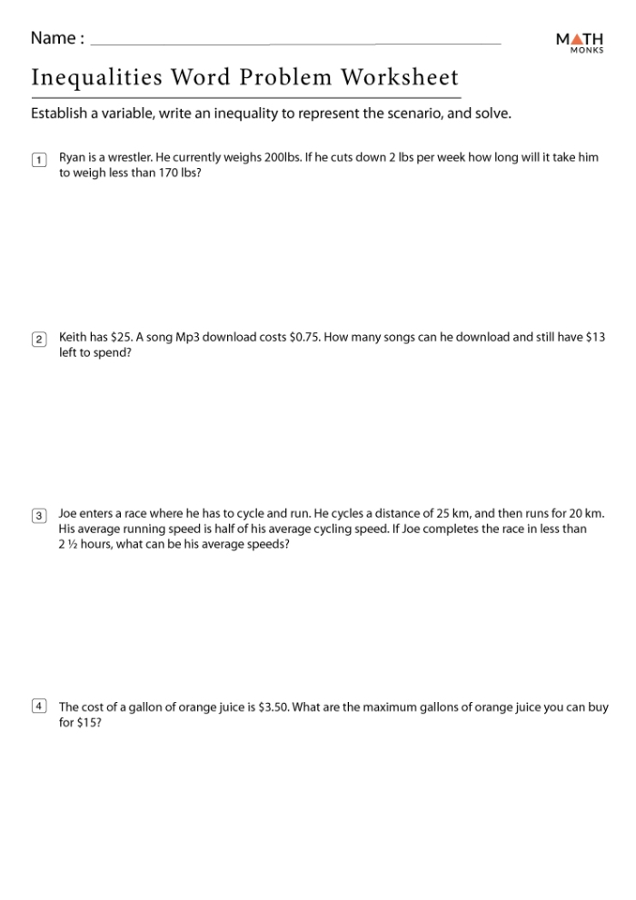 Worksheet featuring a matching activity for writing inequalities with word problems for sixth graders