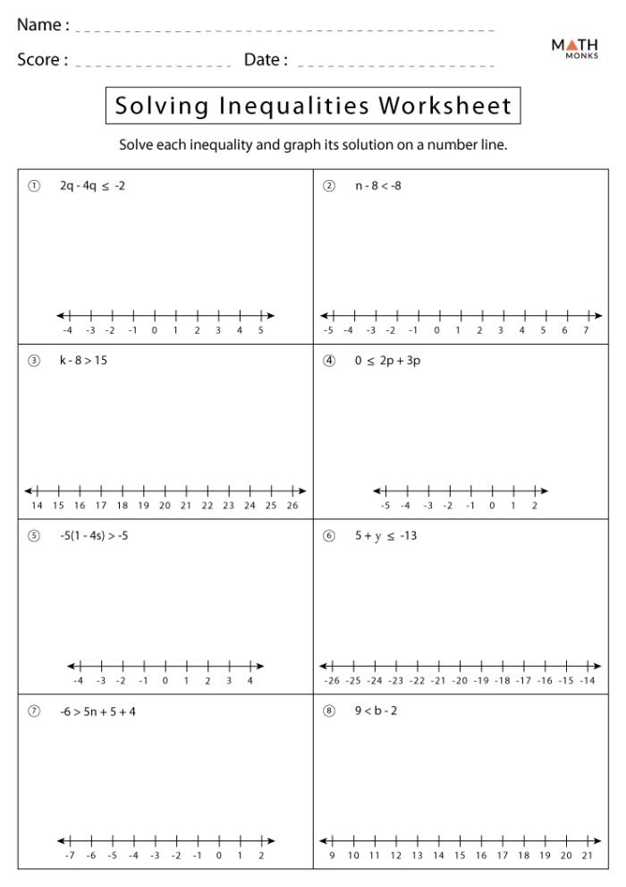 Worksheet featuring a card matching activity for inequalities and word problems