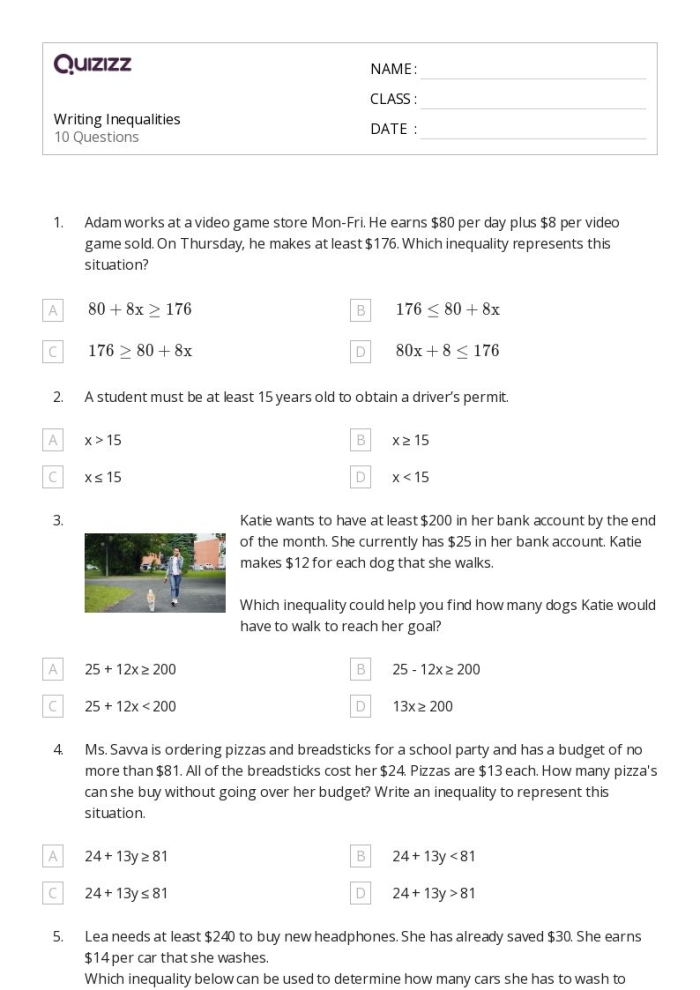 Worksheet featuring sixth-grade students practicing real-world inequalities with variables.