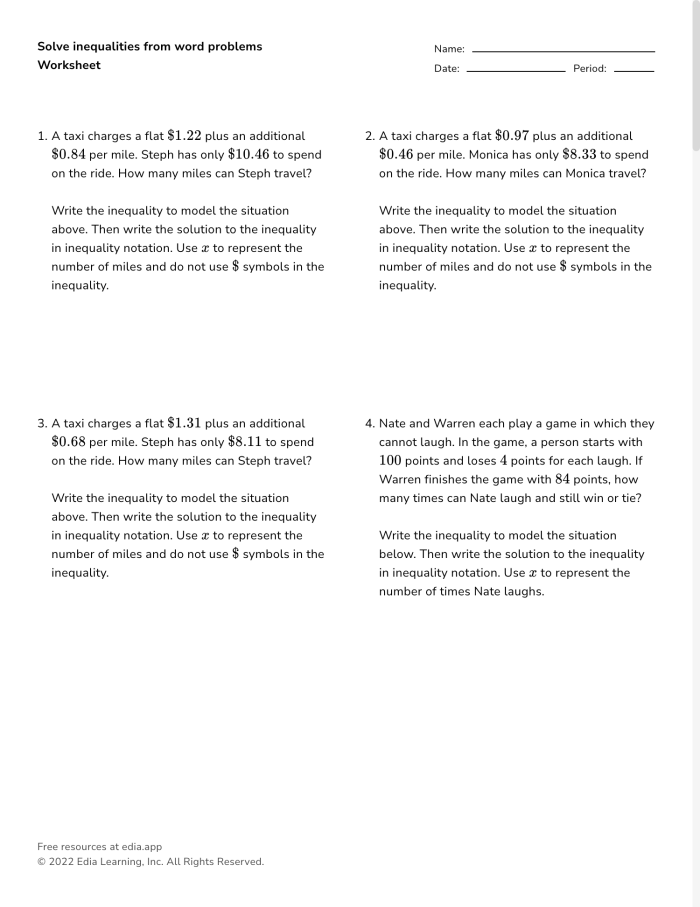 Writing inequalities worksheet for sixth-grade math practice